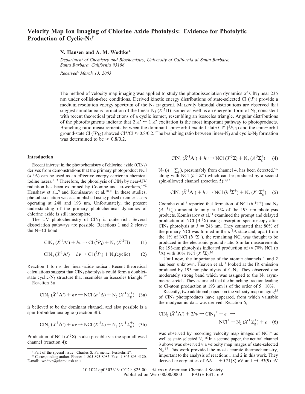 Velocity Map Ion Imaging of Chlorine Azide Photolysis: Evidence for Photolytic † Production of Cyclic-N3