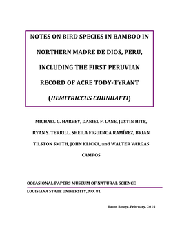 Notes on Bird Species in Bamboo in Northern Madre De Dios, Peru