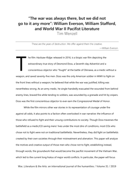 William Everson, William Stafford, and World War II Pacifist Literature Tim Wenzell