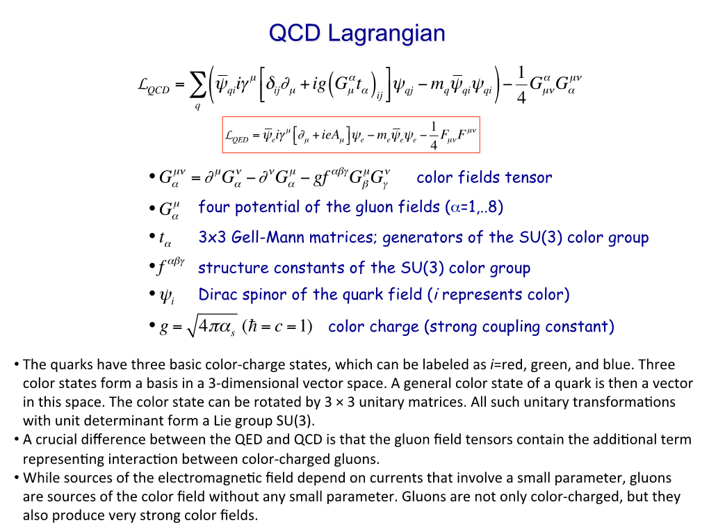 QCD Lagrangian 1 L = Ψ Iγ Μ !Δ ∂ +Ig Gαt $Ψ − M Ψ Ψ − Gα Gµν QCD ∑( Qi 