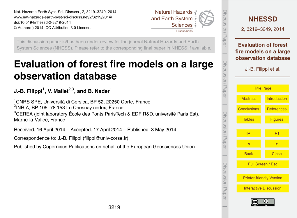 Discussion Paper Is/Has Been Under Review for the Journal Natural Hazards and Earth Evaluation of Forest System Sciences (NHESS)