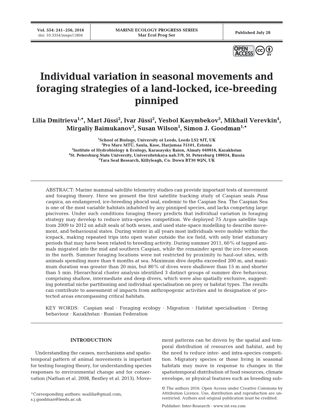 Individual Variation in Seasonal Movements and Foraging Strategies of a Land-Locked, Ice-Breeding Pinniped