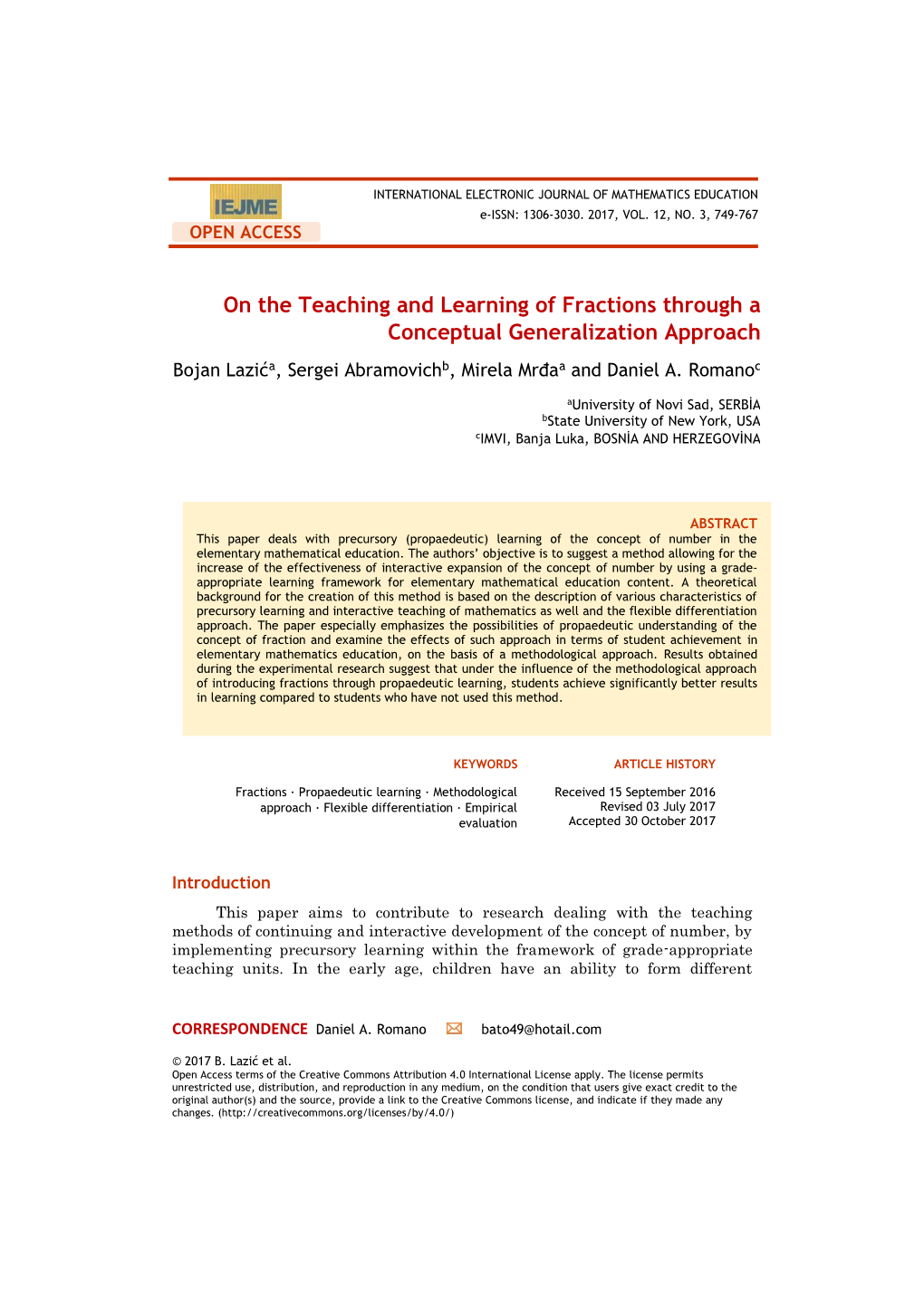 On the Teaching and Learning of Fractions Through a Conceptual Generalization Approach