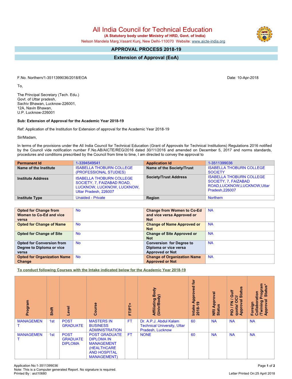 All India Council for Technical Education (A Statutory Body Under Ministry of HRD, Govt