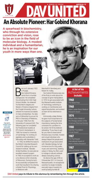 Har Gobind Khorana a Spearhead in Biochemistry, Who Through His Extensive Conviction and Vision, Rose to Be an Icon in the Field of Molecular Biology