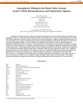 Atmospheric Mining in the Outer Solar System: Mining Design Issues and Considerations,” AIAA 2009- 4961, August 2009