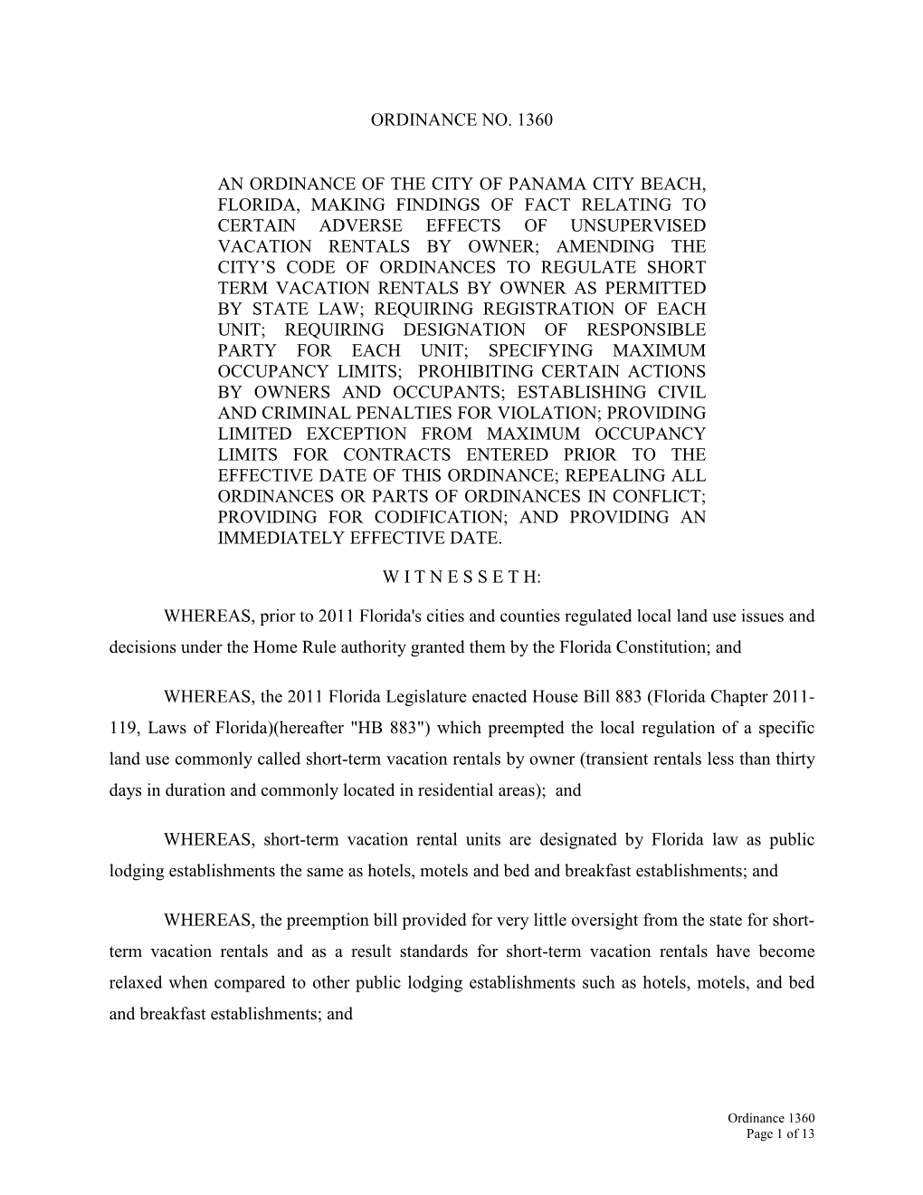 Ordinance No. 1360 an Ordinance of the City of Panama City Beach, Florida, Making Findings of Fact Relating to Certain Adverse