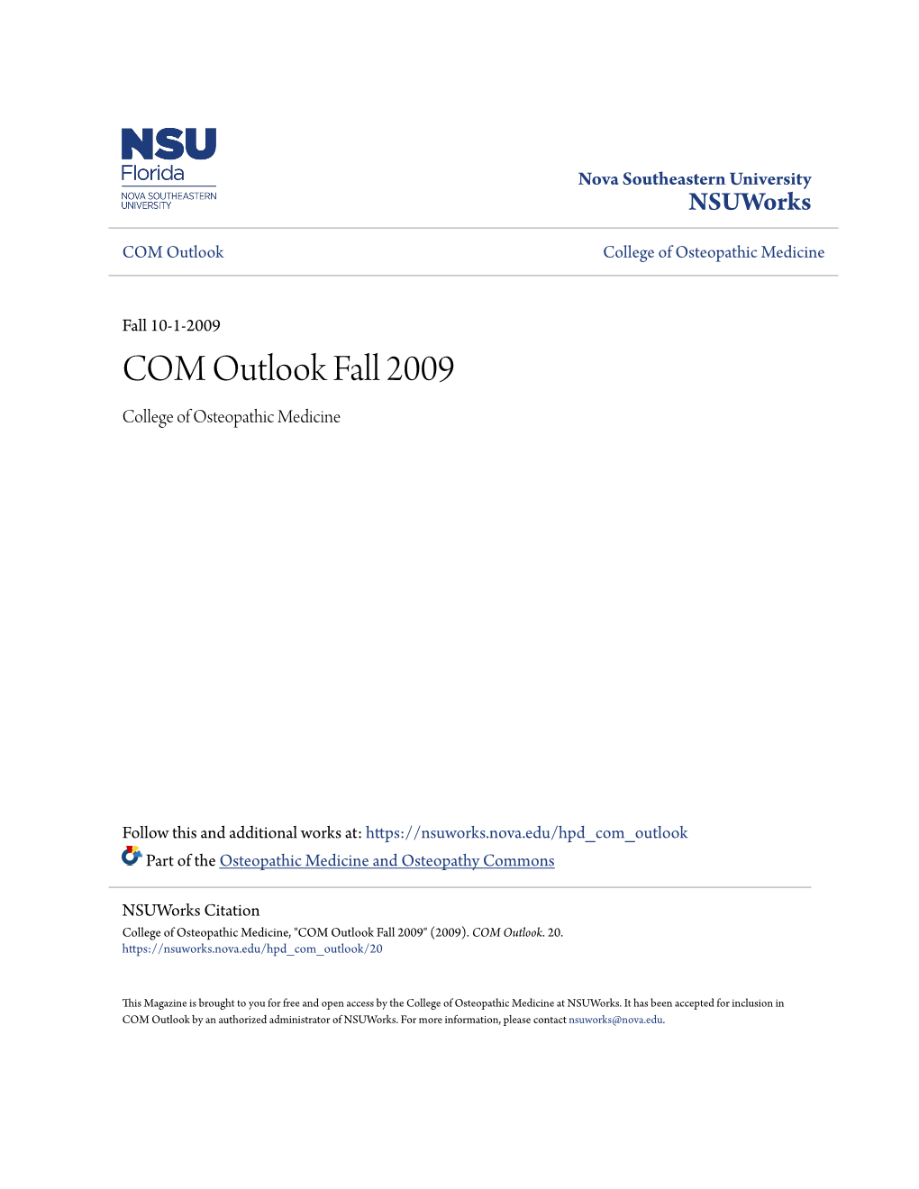 COM Outlook Fall 2009 College of Osteopathic Medicine