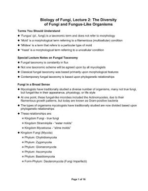 Biology of Fungi, Lecture 2: the Diversity of Fungi and Fungus-Like Organisms
