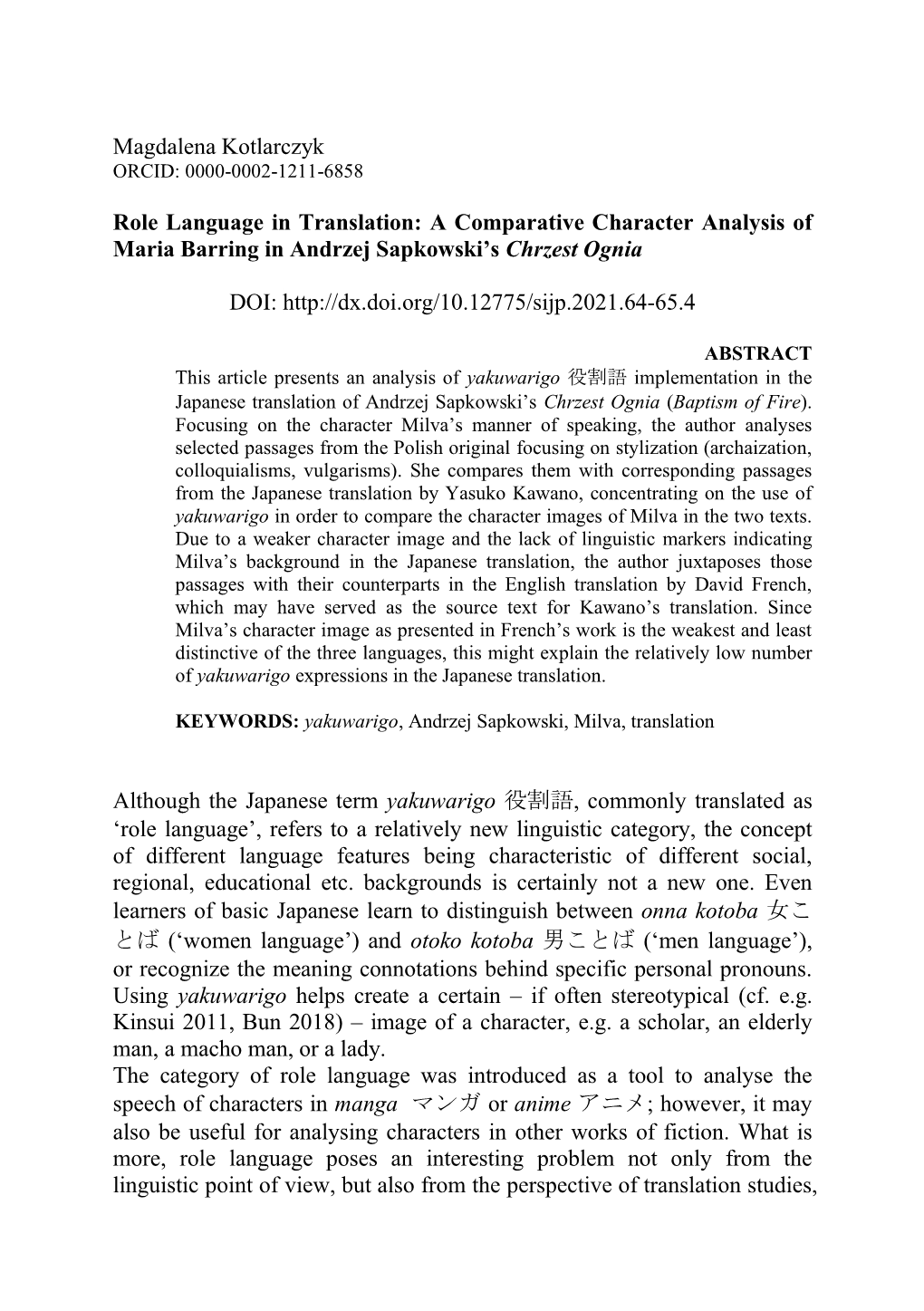 A Comparative Character Analysis of Maria Barring in Andrzej Sapkowski’S Chrzest Ognia