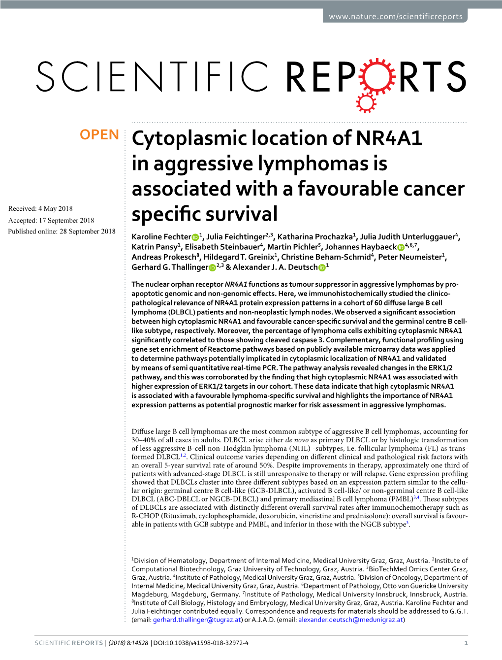Cytoplasmic Location of NR4A1 in Aggressive Lymphomas Is