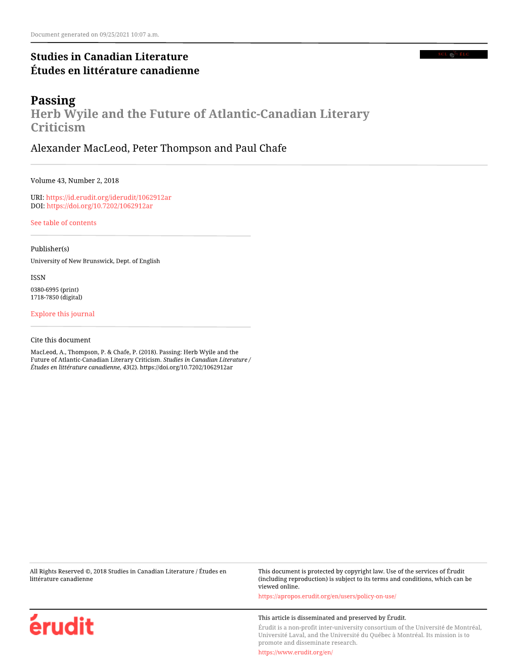 Herb Wyile and the Future of Atlantic-Canadian Literary Criticism Alexander Macleod, Peter Thompson and Paul Chafe