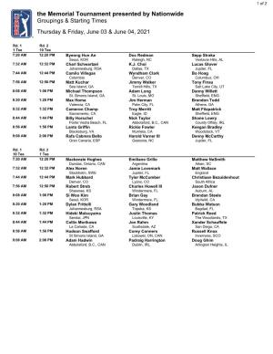 The Memorial Tournament Presented by Nationwide Groupings & Starting Times Thursday & Friday, June 03 & June 04, 2021