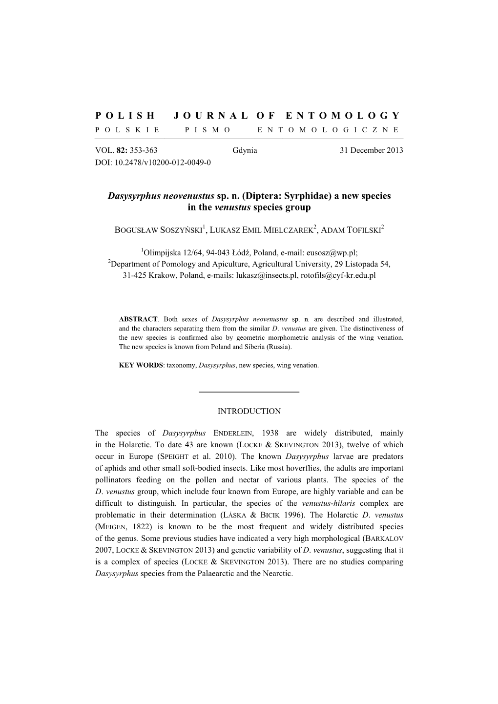 Diptera: Syrphidae) a New Species in the Venustus Species Group