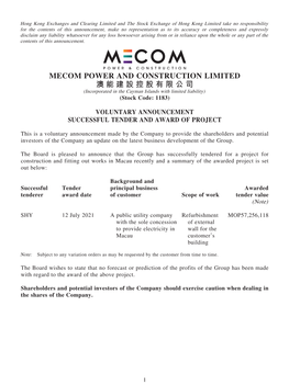 MECOM POWER and CONSTRUCTION LIMITED 澳能建設控股有限公司 (Incorporated in the Cayman Islands with Limited Liability) (Stock Code: 1183)