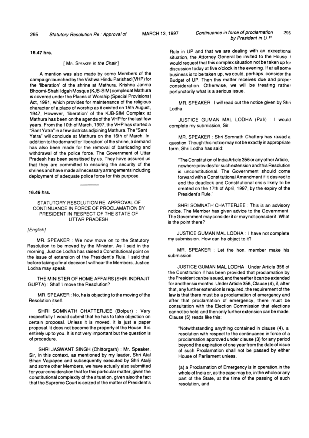 295 Statutory Resolution Re : Approval of MARCH 13, 1997 Continuance in Force of Proclamation 296 7 by President in U P