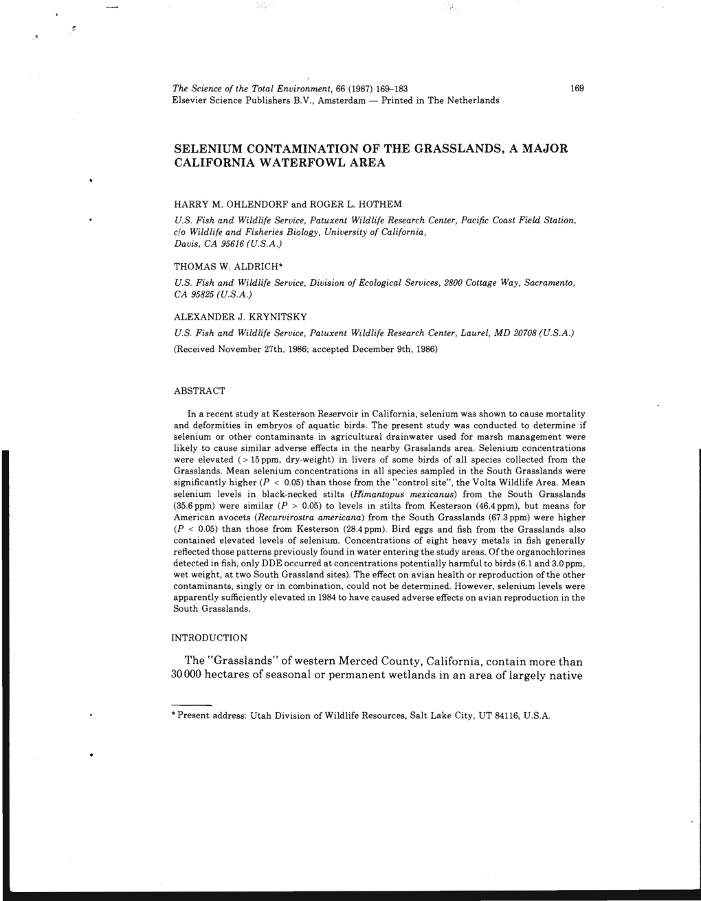 Selenium Contamination of the Grasslands, a Major California Waterfowl Area