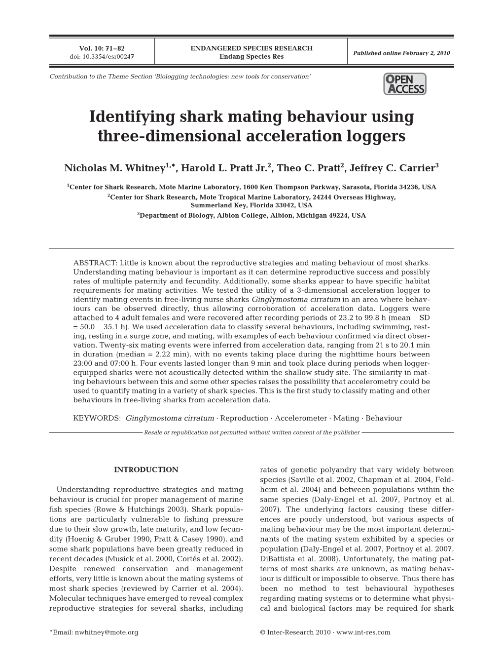 Identifying Shark Mating Behaviour Using Three-Dimensional Acceleration Loggers