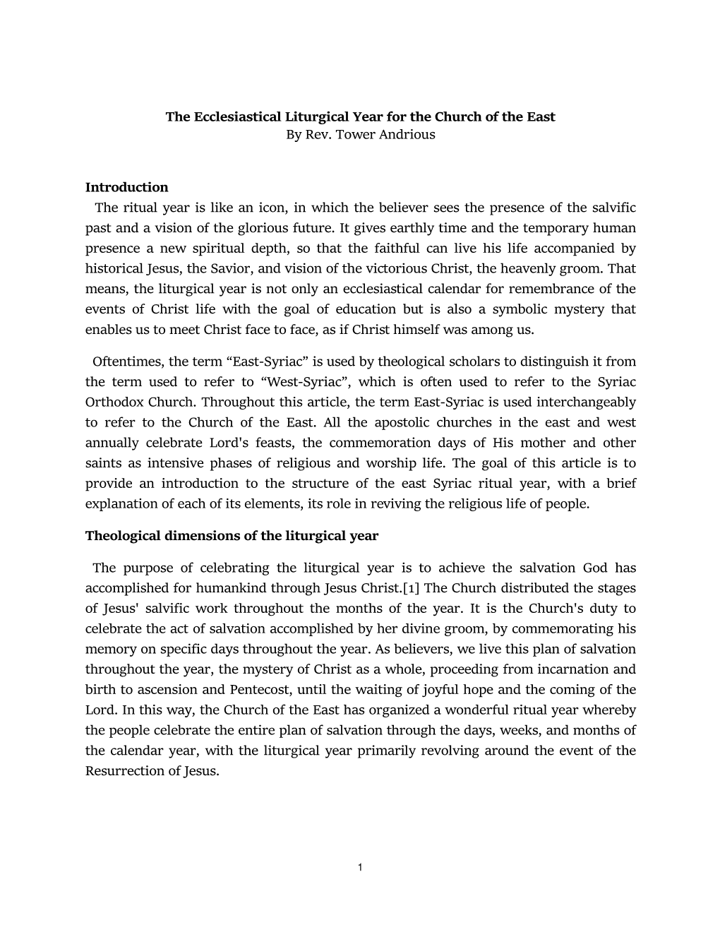 The Ecclesiastical Liturgical Year for the Church of the East by Rev