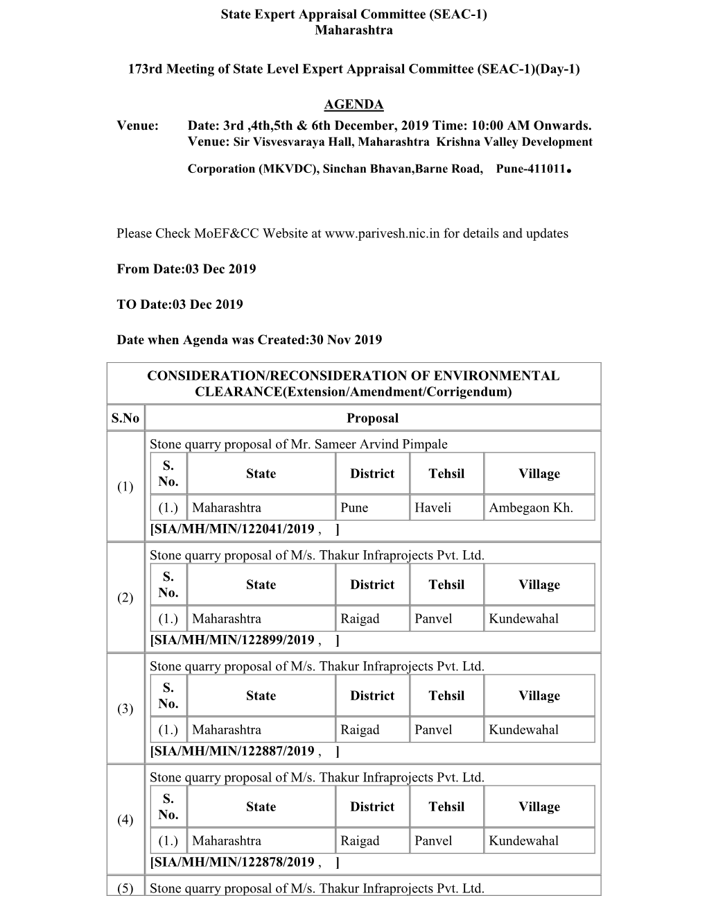 State Expert Appraisal Committee (SEAC-1) Maharashtra