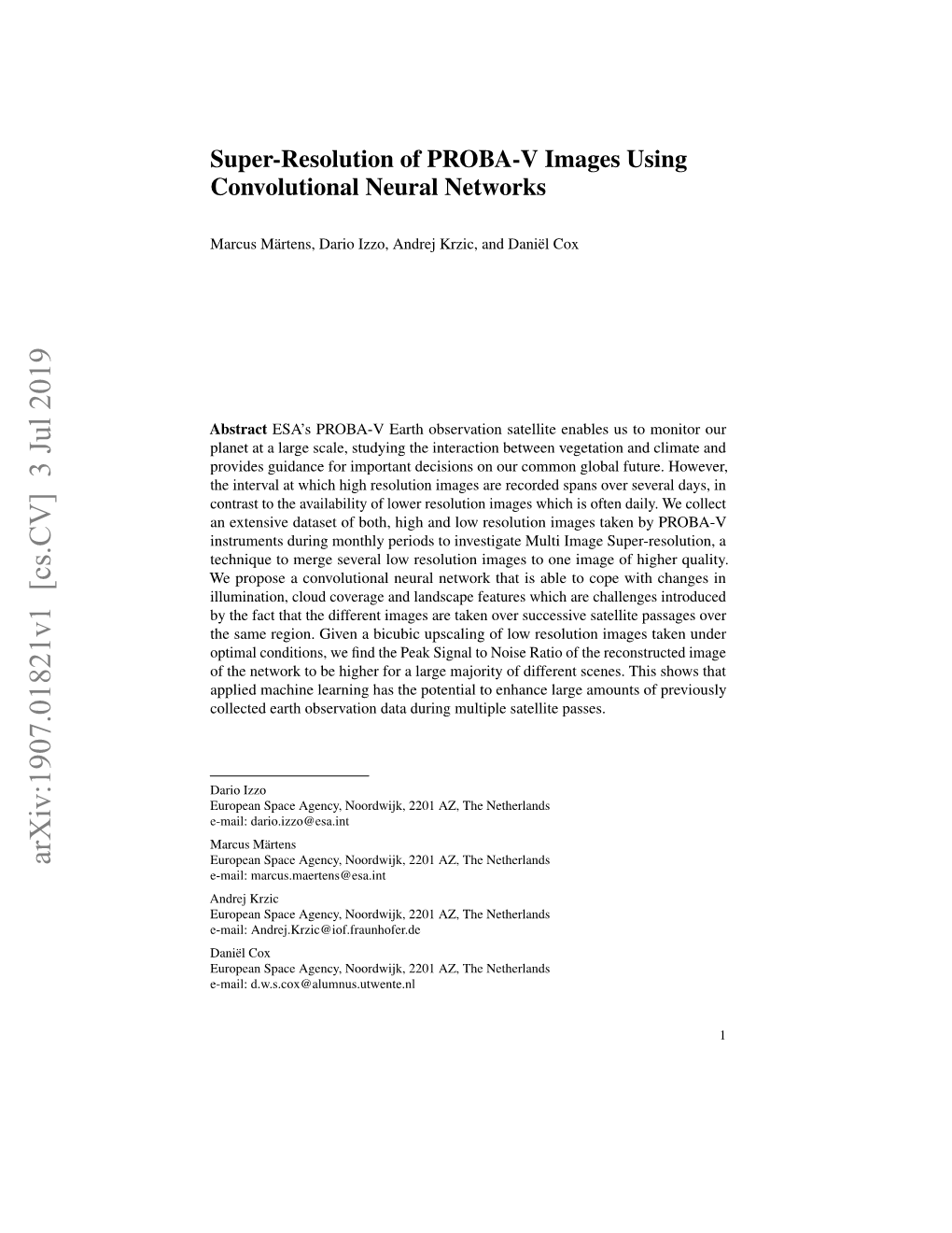 Super-Resolution of PROBA-V Images Using Convolutional Neural Networks