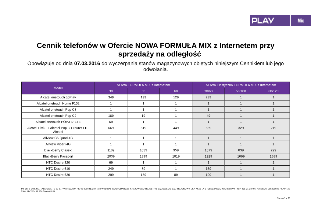 Cennik Telefonów W Ofercie NOWA FORMUŁA MIX Z