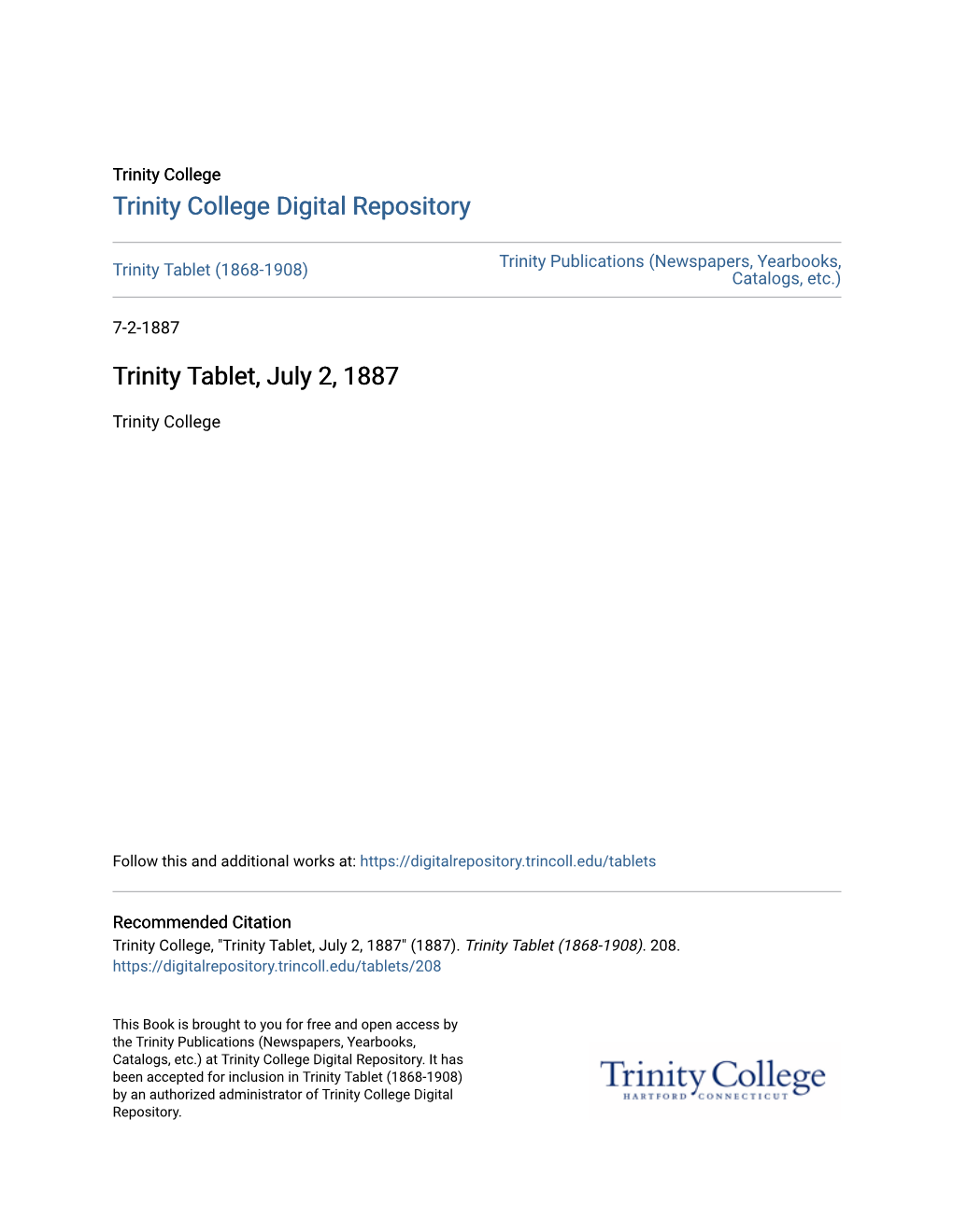 Trinity Tablet, July 2, 1887