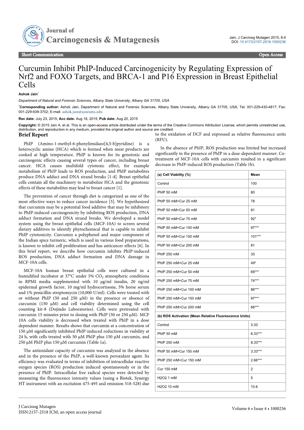 Curcumin Inhibit Phip-Induced Carcinogenicity by Regulating