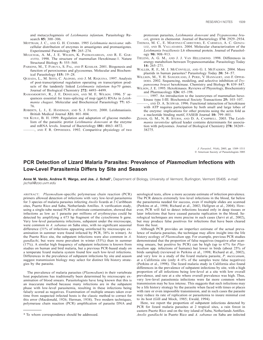 PCR Detection of Lizard Malaria Parasites: Prevalence of Plasmodium Infections with Low-Level Parasitemia Differs by Site and Season