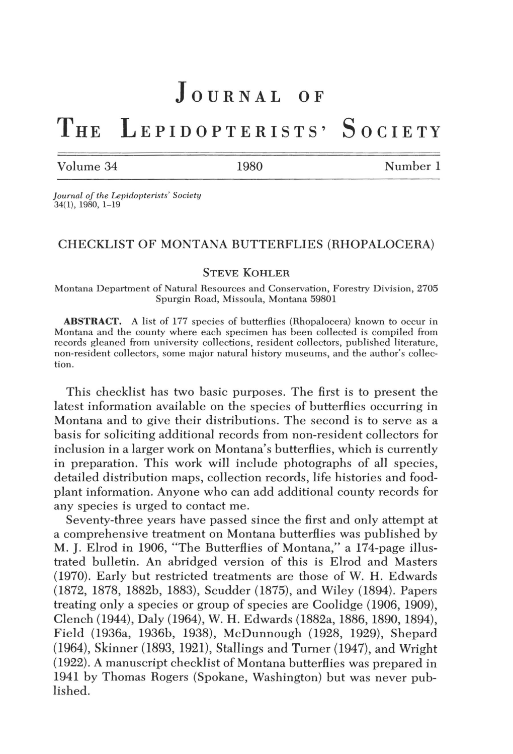 Checklist of Montana Butterflies (Rhopalocera)