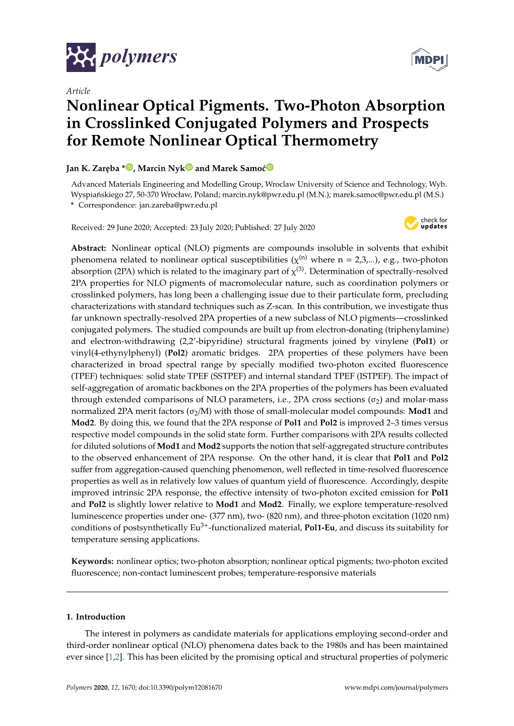 Nonlinear Optical Pigments. Two-Photon Absorption in Crosslinked Conjugated Polymers and Prospects for Remote Nonlinear Optical Thermometry