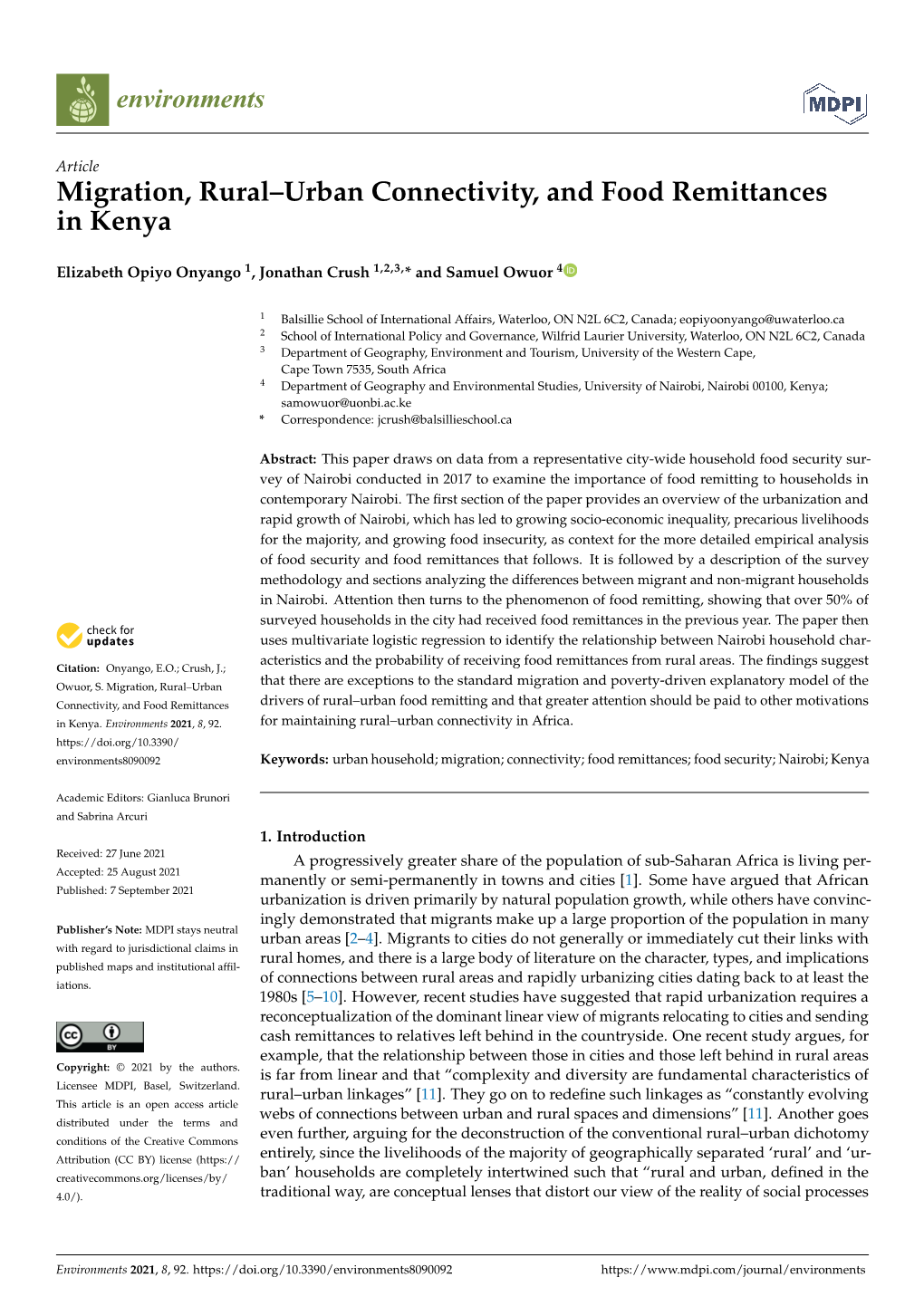 Migration, Rural–Urban Connectivity, and Food Remittances in Kenya