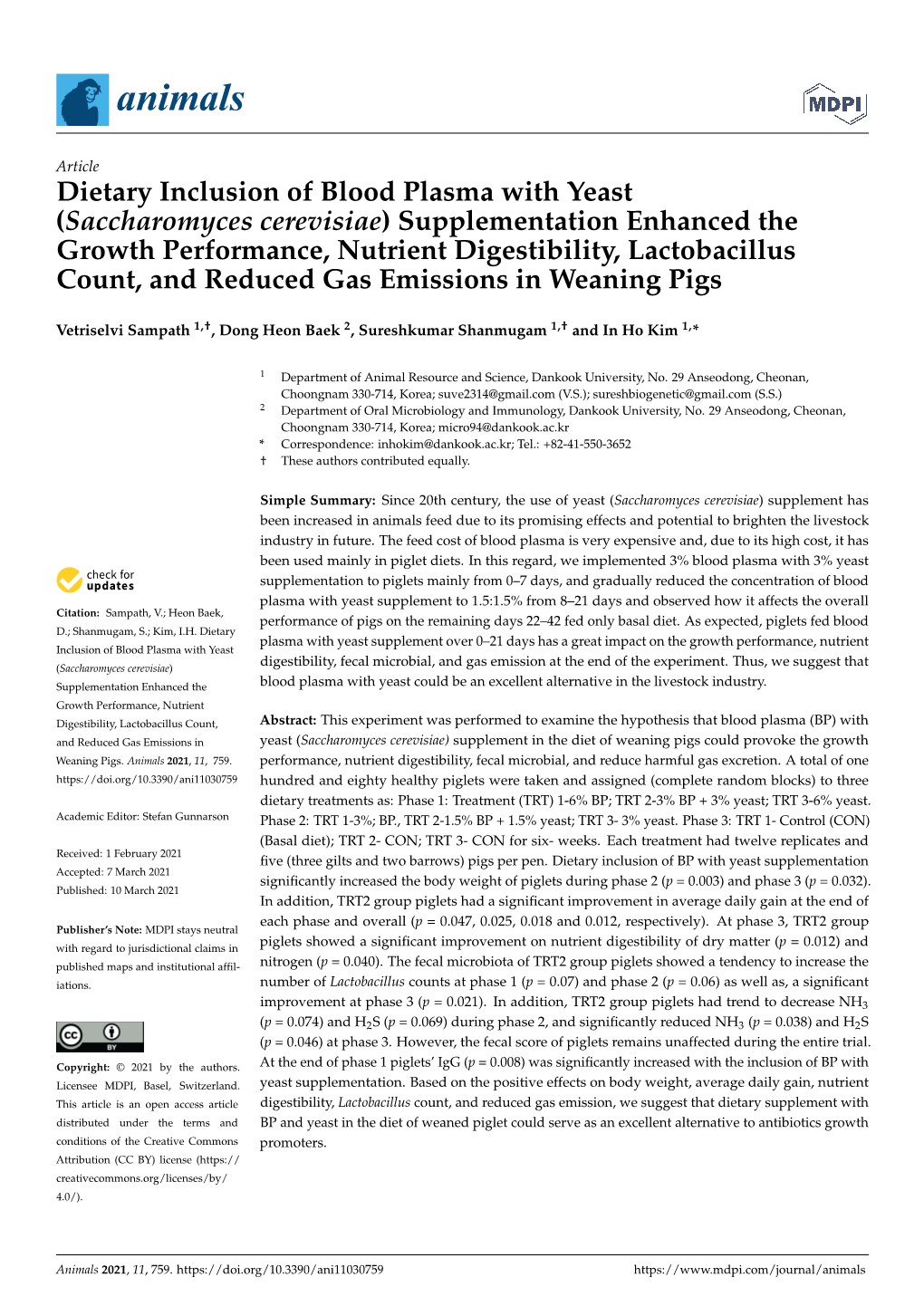 Dietary Inclusion of Blood Plasma with Yeast (Saccharomyces Cerevisiae