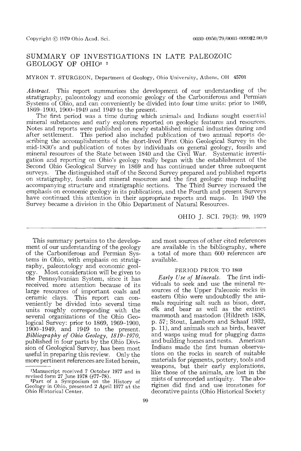 Summary of Investigations in Late Paleozoic Geology of Ohio1 2