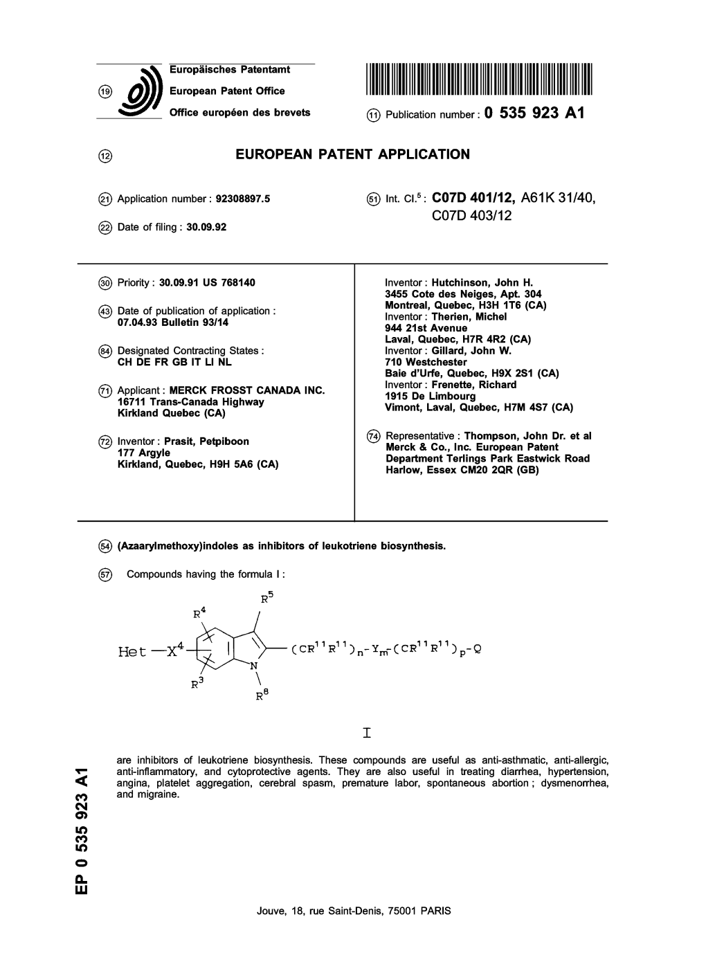 \Azaarylmethoxy\Indoles As Inhibitors of Leukotriene Biosynthesis