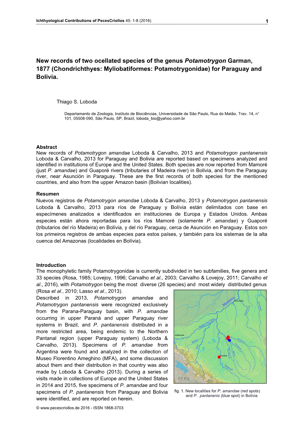 Chondrichthyes: Myliobatiformes: Potamotrygonidae) for Paraguay and Bolivia