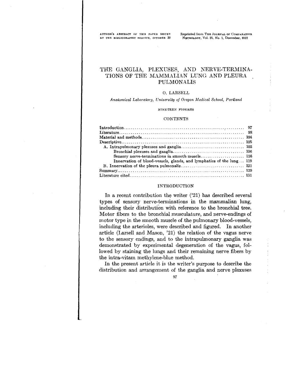 The Ganglia, Plexuses, and Nerve-Termina- Tions of the Mammalian Lung and Pleura Pulmonalis