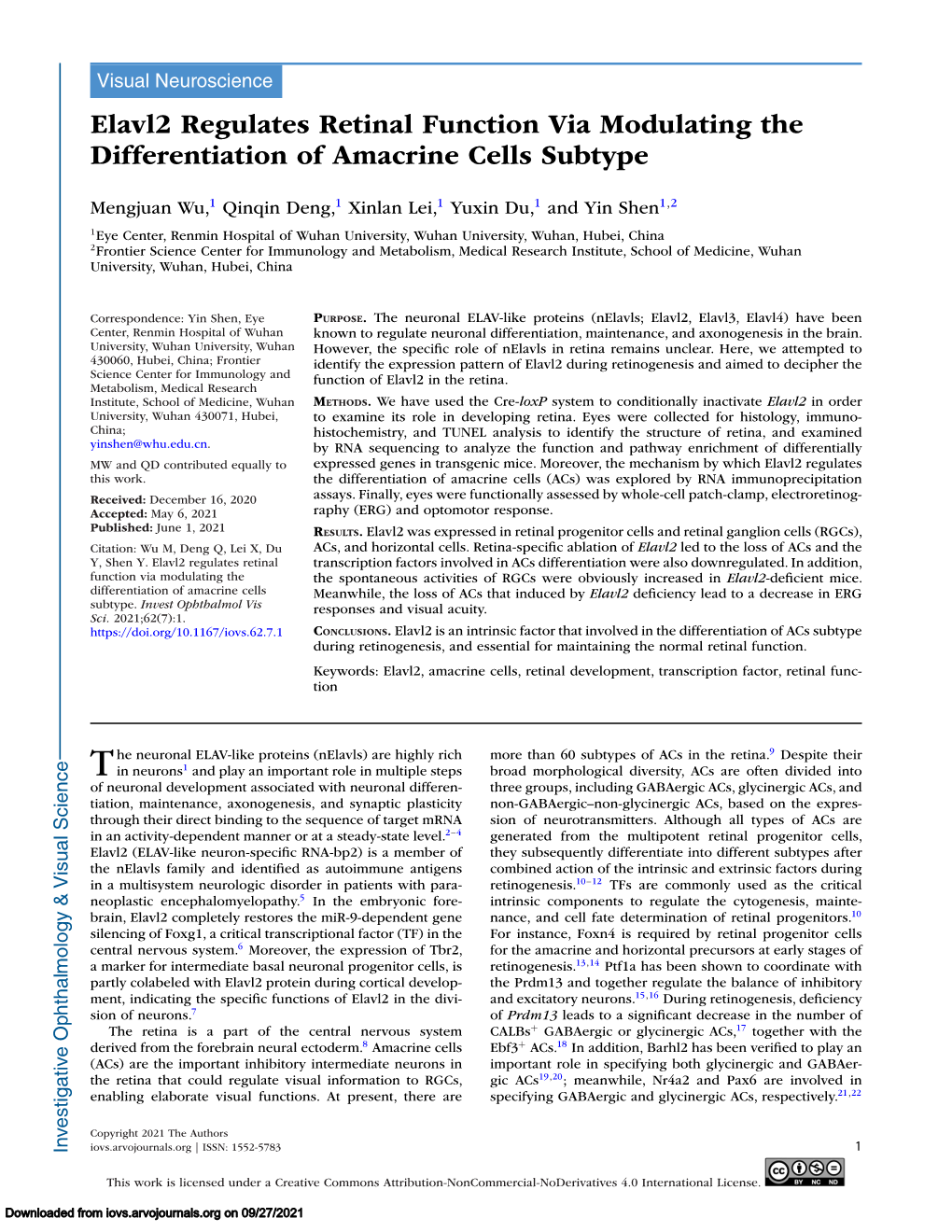 Elavl2 Regulates Retinal Function Via Modulating the Differentiation of Amacrine Cells Subtype