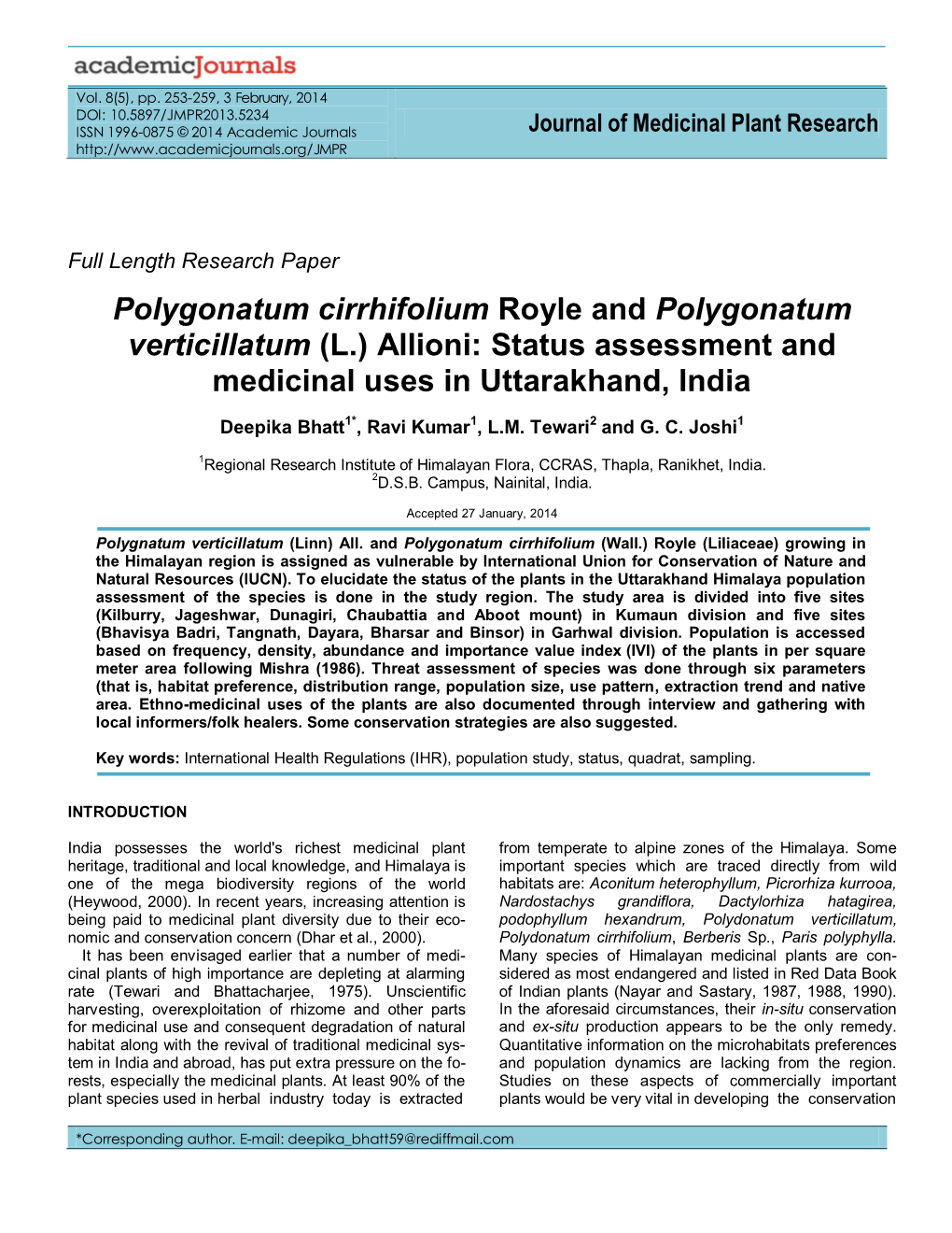 Polygonatum Verticillatum (L.) Allioni: Status Assessment and Medicinal Uses in Uttarakhand, India