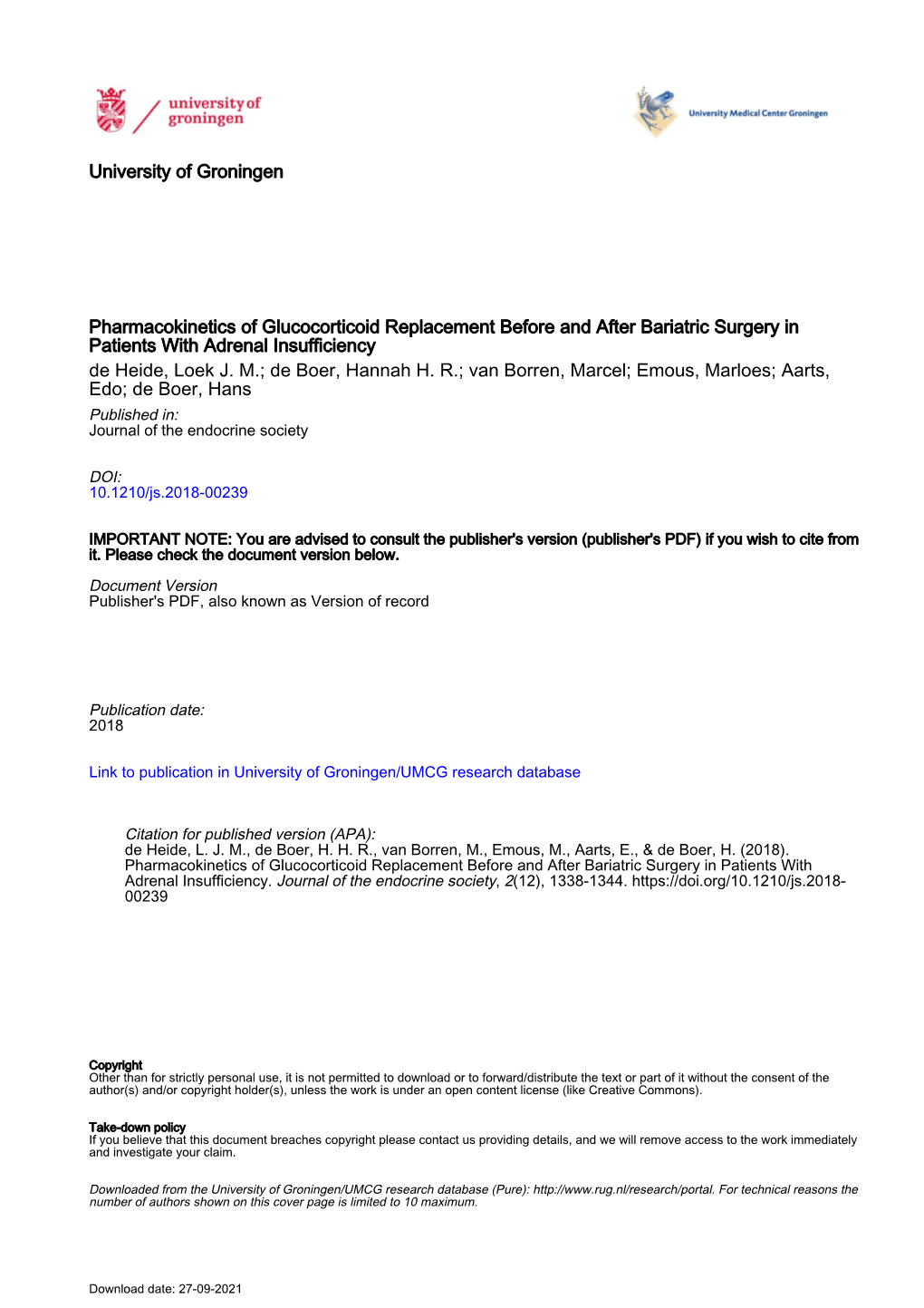 University of Groningen Pharmacokinetics of Glucocorticoid Replacement Before and After Bariatric Surgery in Patients with Adren