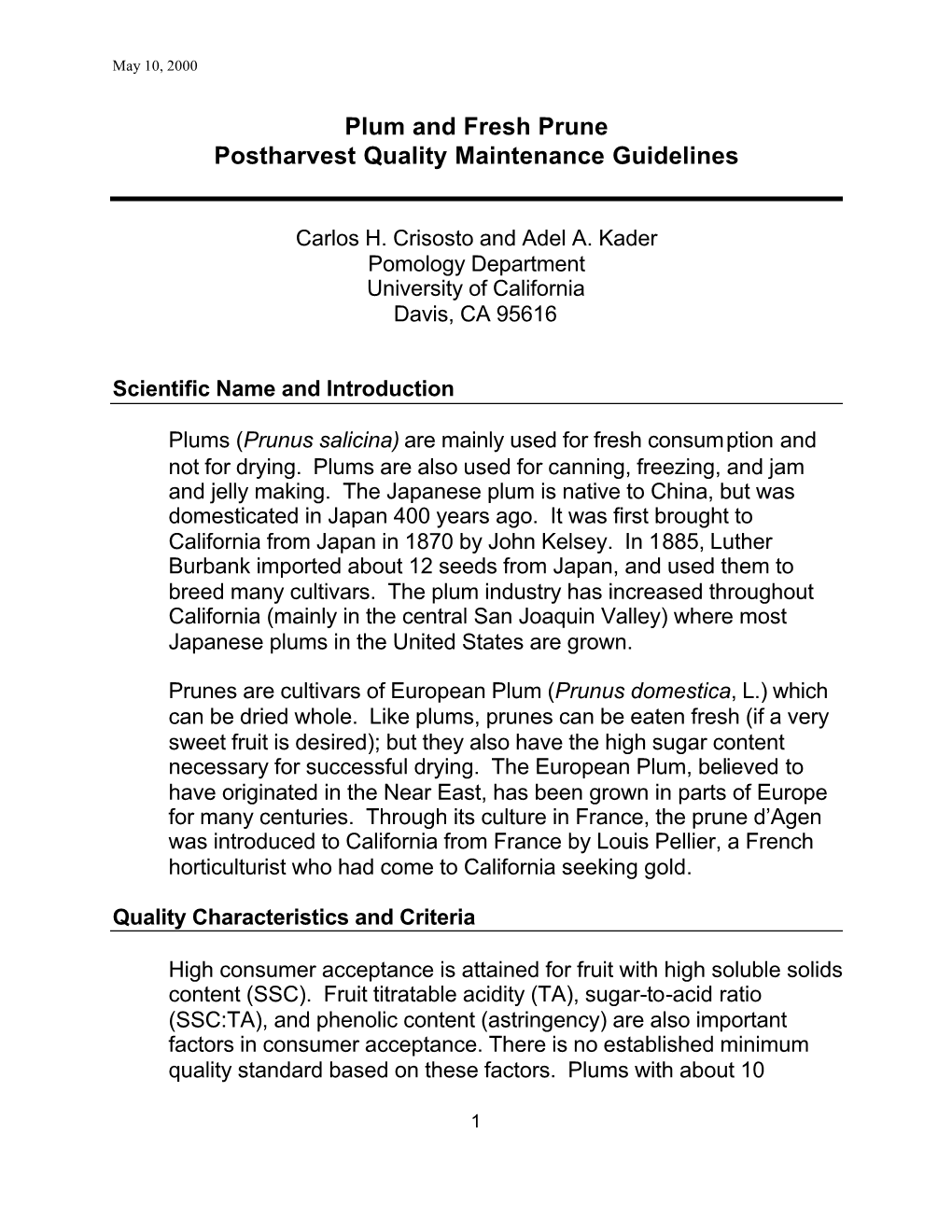 Plum and Fresh Prune Postharvest Quality Maintenance Guidelines