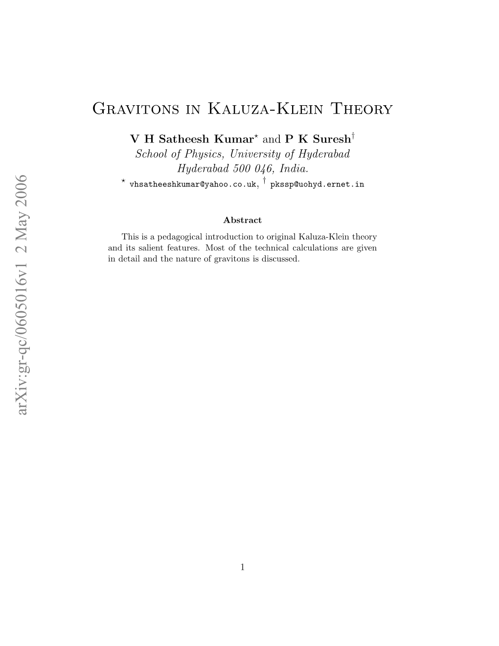 Arxiv:Gr-Qc/0605016V1 2 May 2006 Gravitons in Kaluza-Klein Theory