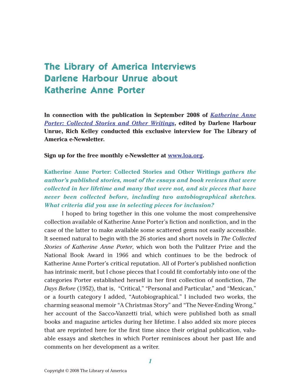 The Library of America Interviews Darlene Harbour Unrue About Katherine Anne Porter