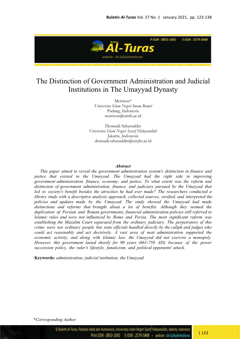 The Distinction of Government Administration and Judicial Institutions in the Umayyad Dynasty