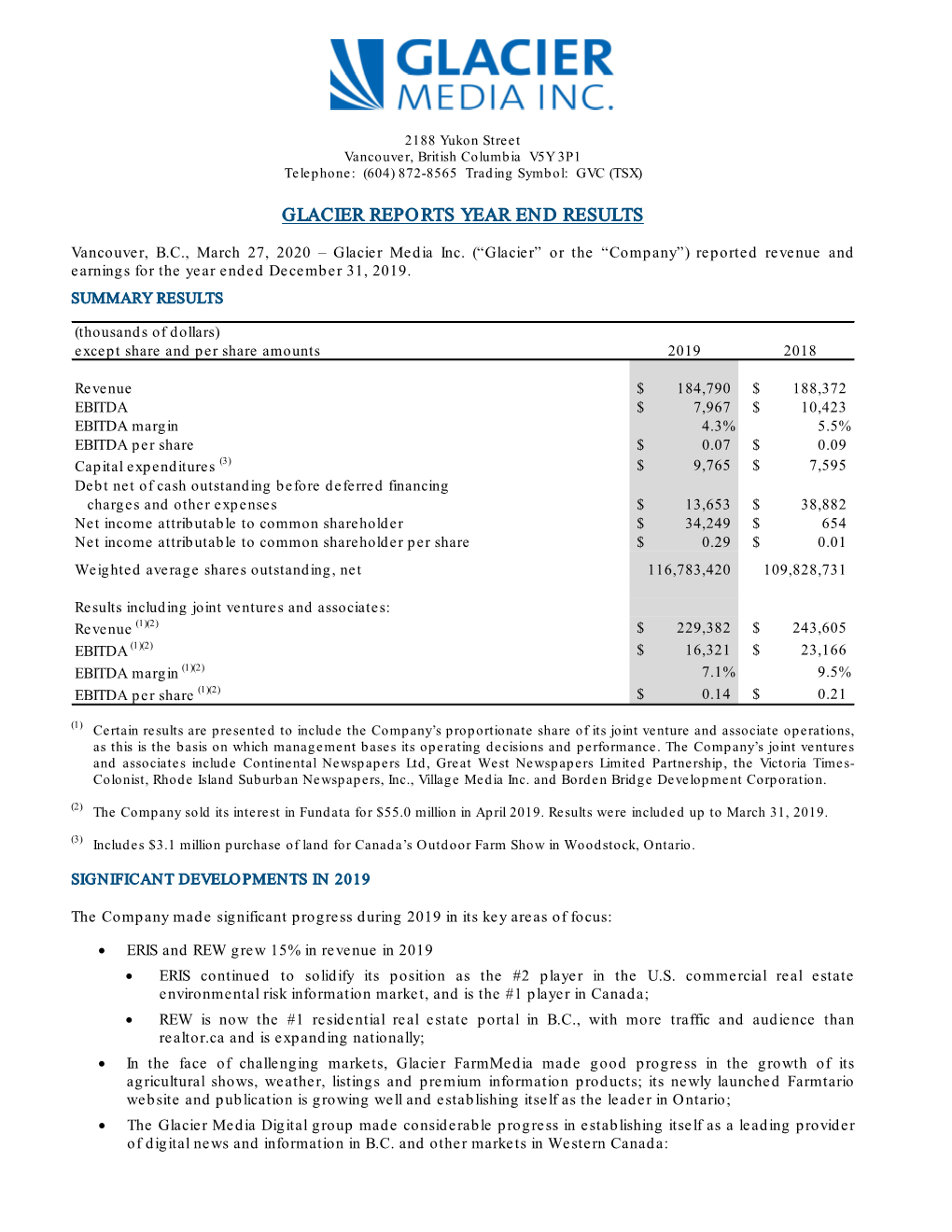 Glacier Reports Year End Results