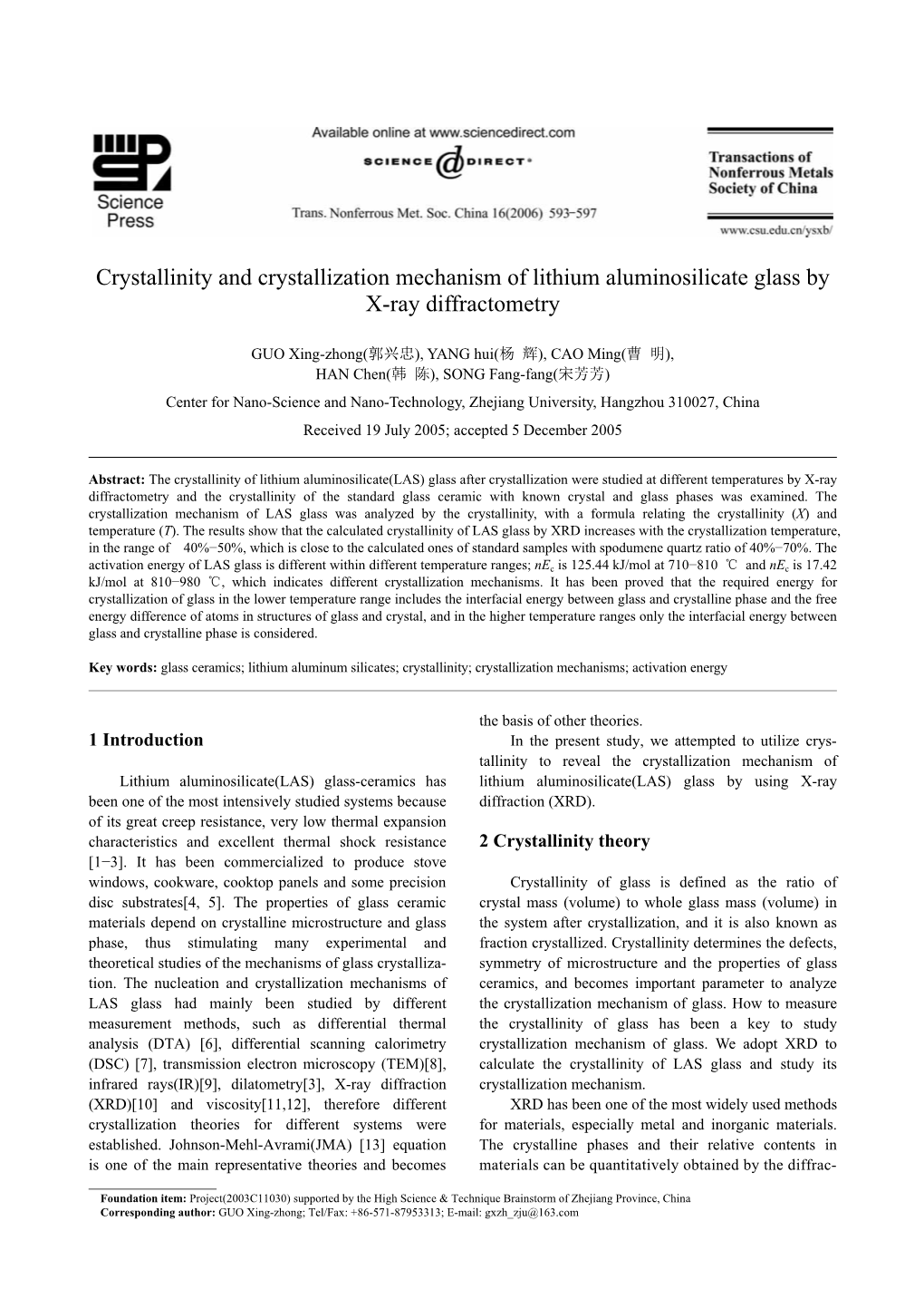 Crystallinity and Crystallization Mechanism of Lithium Aluminosilicate Glass by X-Ray Diffractometry