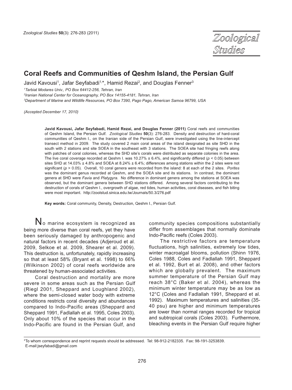 Coral Reefs and Communities of Qeshm Island, the Persian Gulf