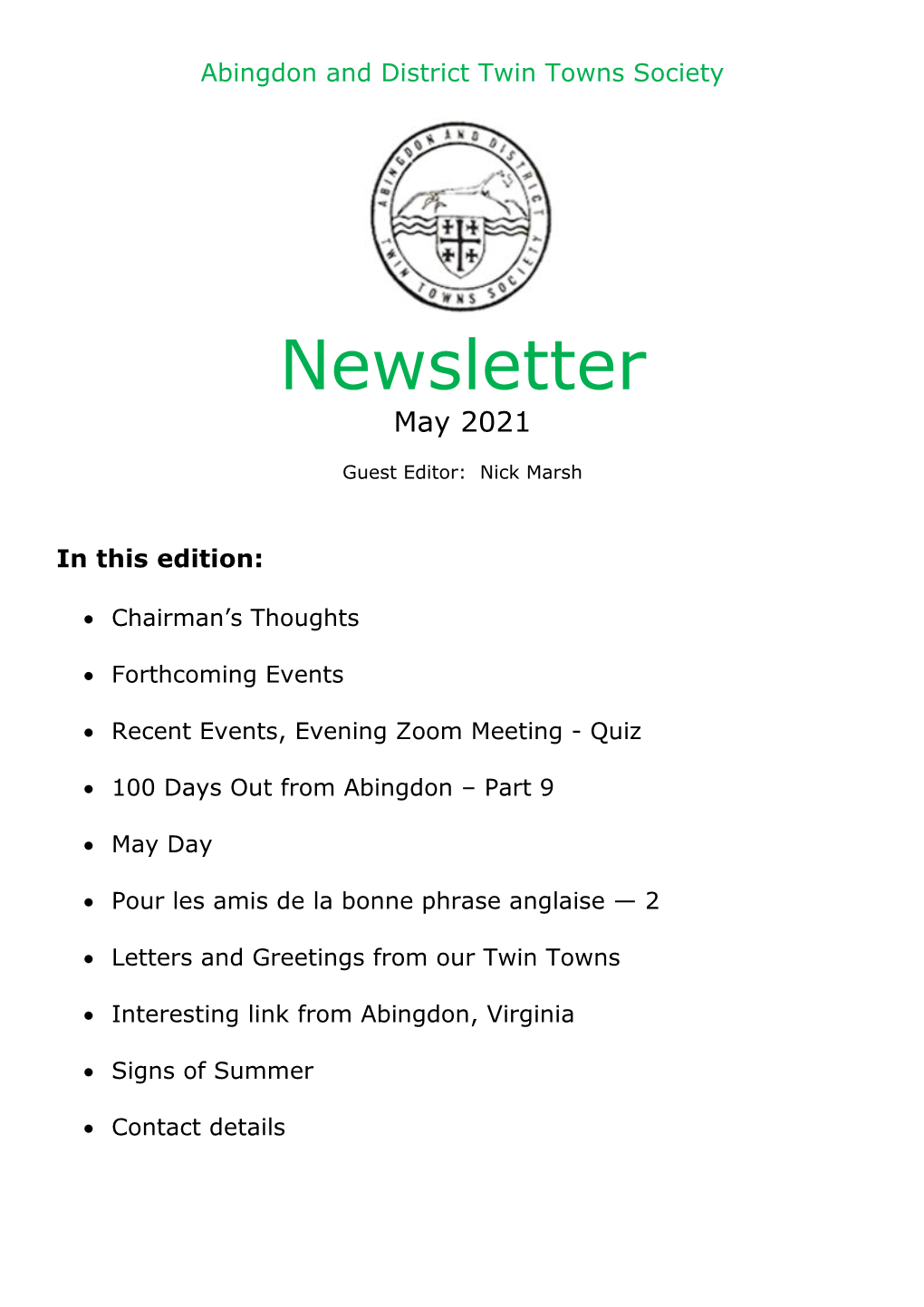 ADTTS Newsletter and Thank You So Much to Nick Marsh Our Guest Editor This Month