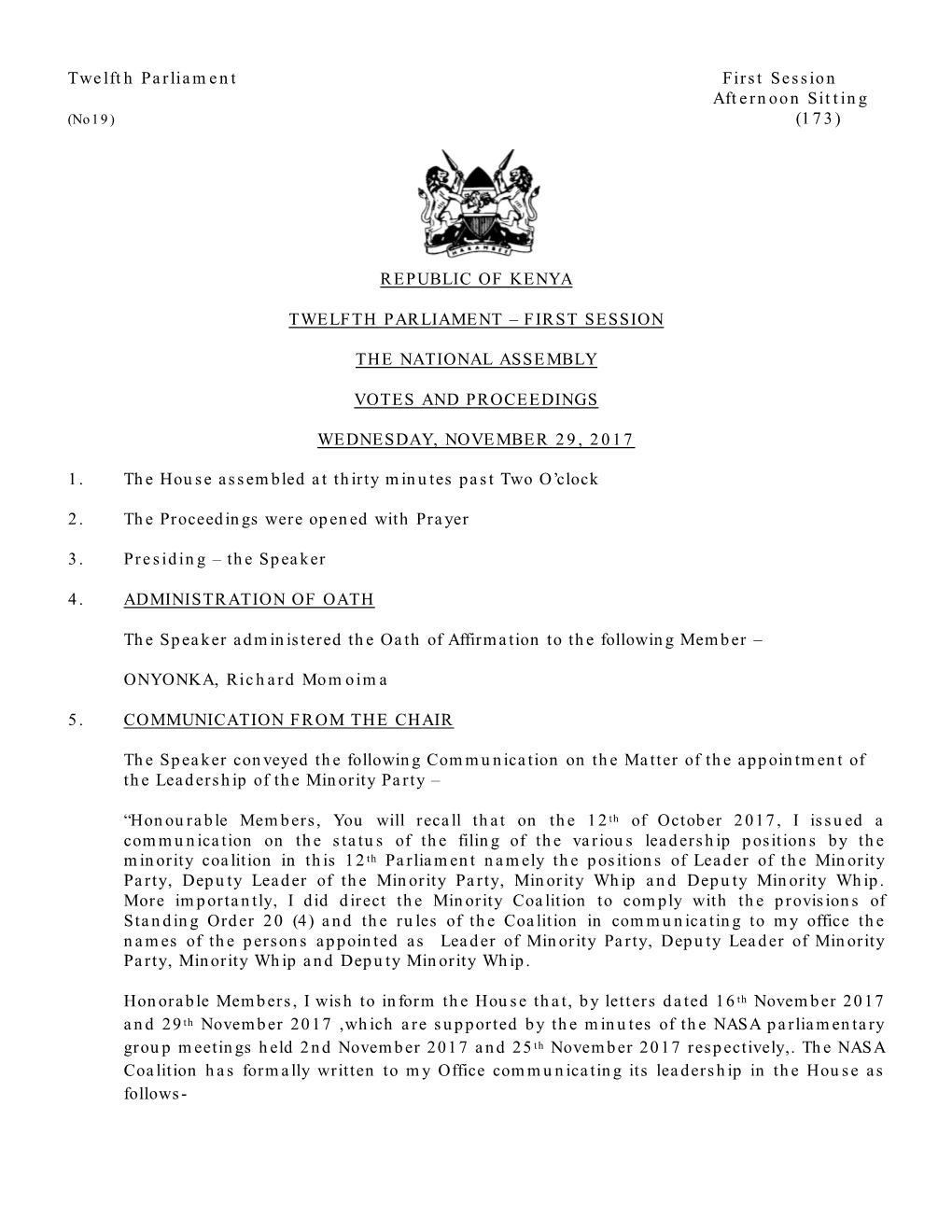 Twelfth Parliament First Session Afternoon Sitting (No19) (173)