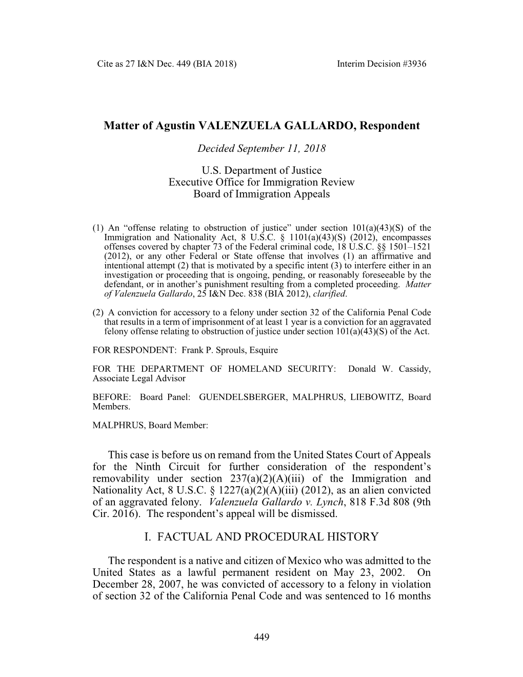 Matter of VALENZUELA GALLARDO, 27 I&N Dec. 449 (BIA 2018)